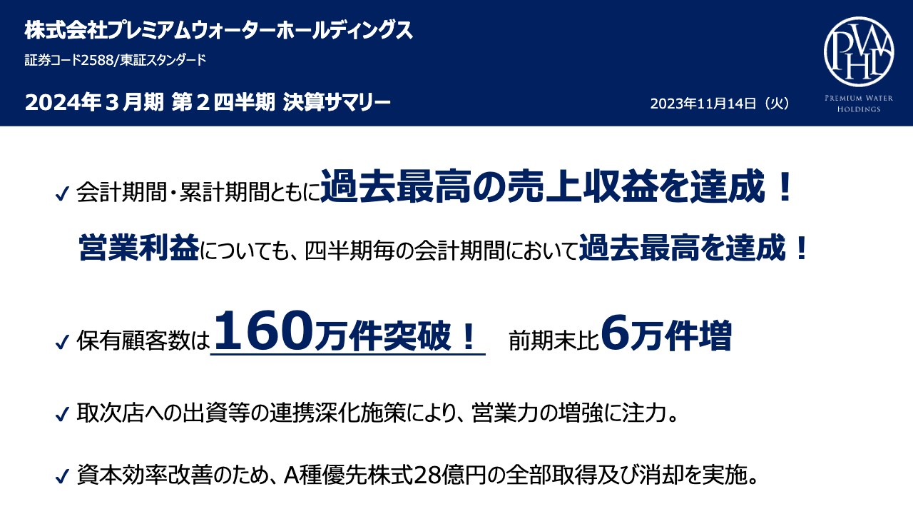 プレミアムウォーターホールディングス（2588）の財務情報ならログミー